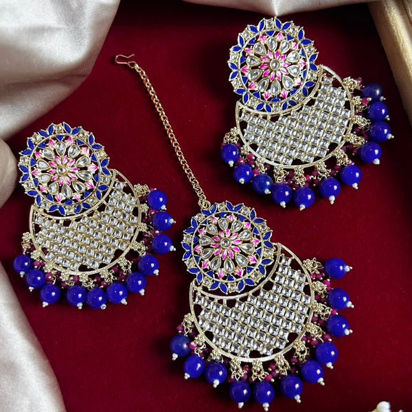 Navy Blue Beaded Kundan Earrings & Maang Tikka Set from Trenzify Store.