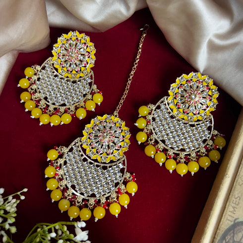 Yellow Beaded Kundan Earrings & Maang Tikka Set from Trenzify Store.