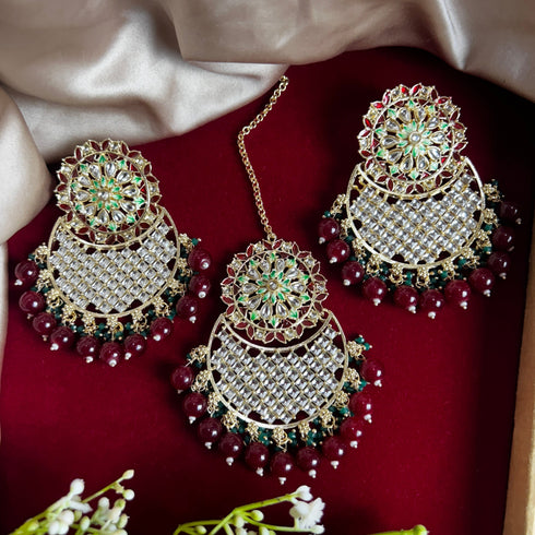 Maroon Beaded Kundan Earrings & Maang Tikka Set from Trenzify Store.