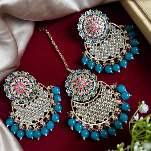 Rama Green Beaded Kundan Earrings & Maang Tikka Set from Trenzify Store.