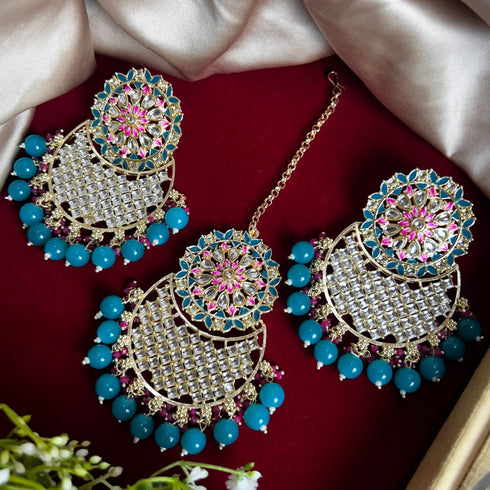 Rama Green Beaded Kundan Earrings & Maang Tikka Set from Trenzify Store.