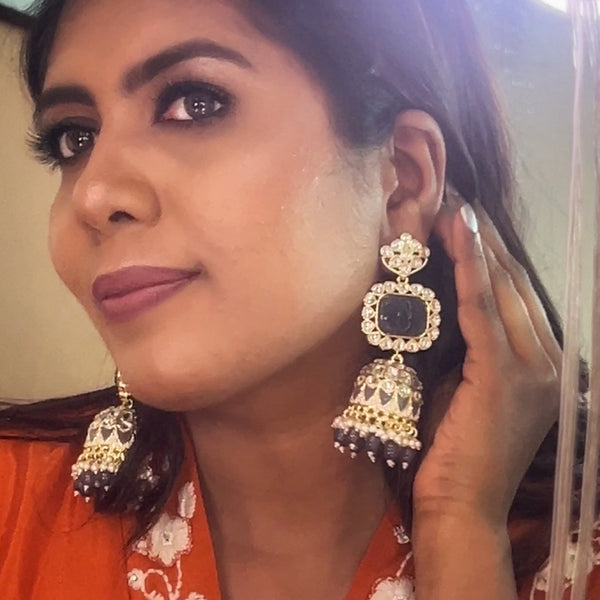 Carved Stone Kundan Jhumka Earrings from Trenzify Store.