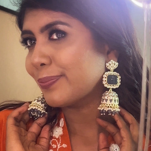 Carved Stone Kundan Jhumka Earrings from Trenzify Store.