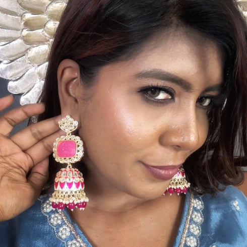 Carved Stone Kundan Jhumka Earrings from Trenzify Store.