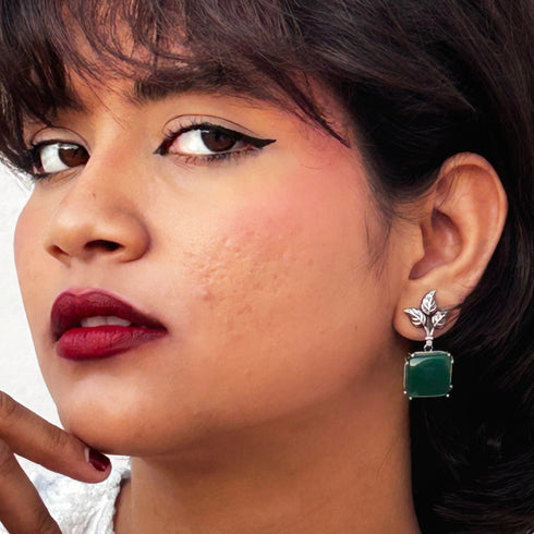 Elegant Green Stone Oxidised Leaf Earrings from Trenzify Store.
