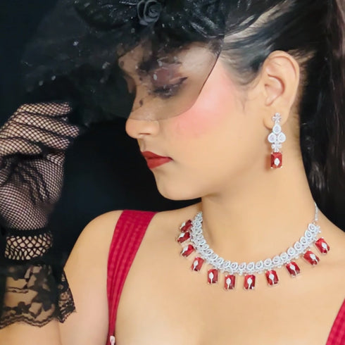 American Diamond (CZ) ruby rectangular stone necklace set with matching earrings β imitation jewelry from Trenzify Store.