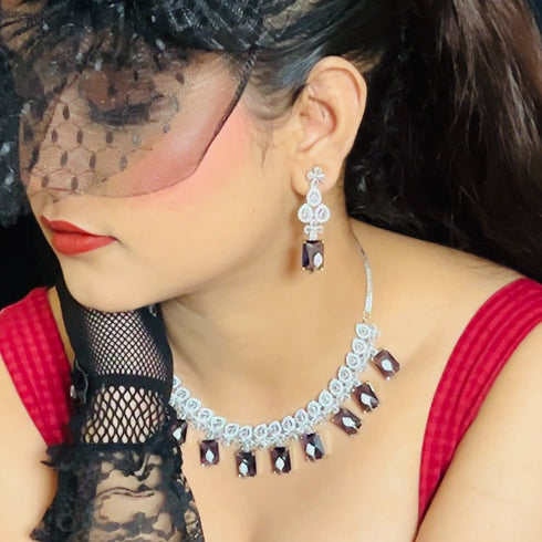 American Diamond (CZ) blue rectangular stone necklace set with matching earrings β imitation jewelry from Trenzify Store.