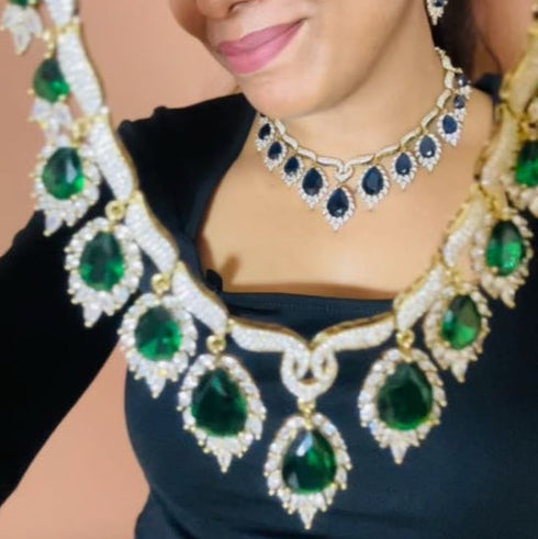 Model wearing American Diamond (CZ) green teardrop necklace set with matching earrings β imitation jewelry from Trenzify Store.