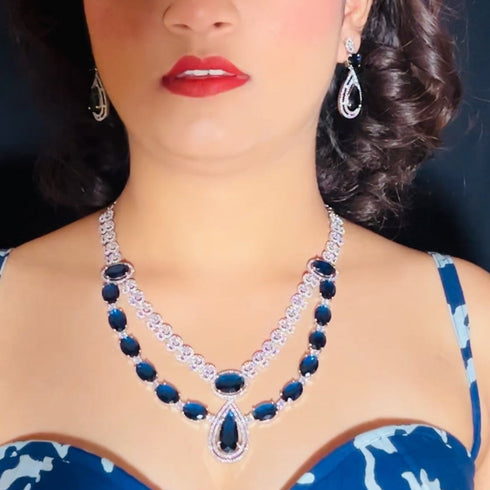 American Diamond (CZ) blue stone necklace set with matching earrings β imitation jewelry from Trenzify Store.