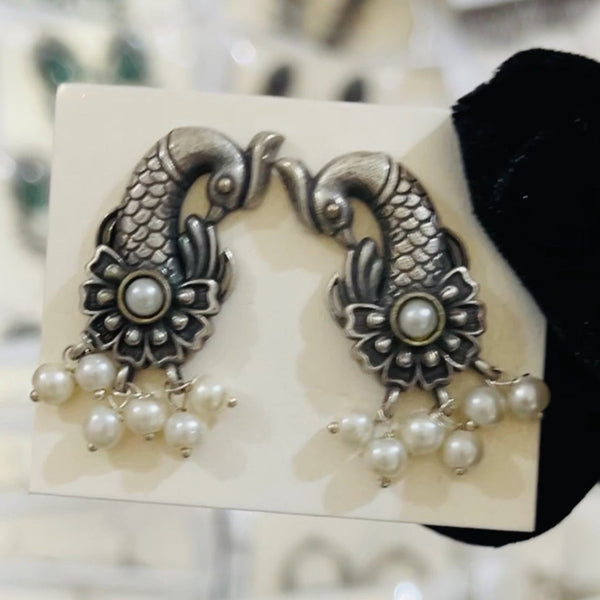 Oxidized silver peacock earrings with pearl drops – Trenziy Store