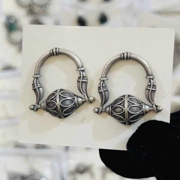 Oxidized silver tribal hoop earrings with vintage ethnic design – Trenziy Store