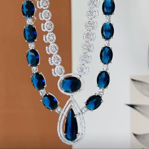 American Diamond (CZ) blue stone necklace set with matching earrings – imitation jewelry from Trenzify Store.