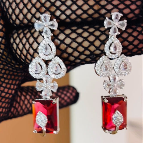 American Diamond (CZ) ruby rectangular stone necklace set with matching earrings β imitation jewelry from Trenzify Store.