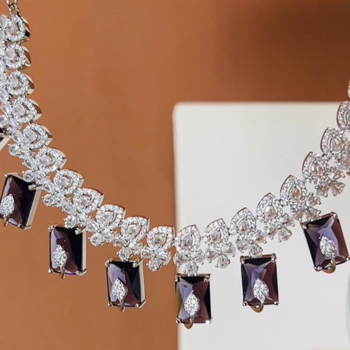 American Diamond (CZ) blue rectangular stone necklace set with matching earrings β imitation jewelry from Trenzify Store.