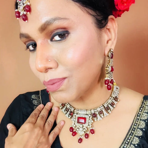 Victorian Ruby Kundan Necklace Set from Trenzify Store.