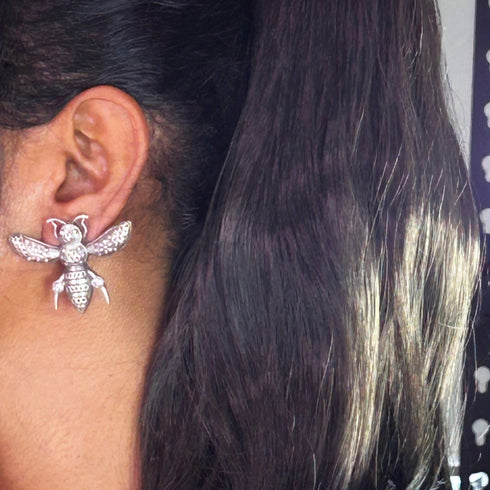 Oxidized Silver Bee Design Stud Earrings from Trenzify Store.