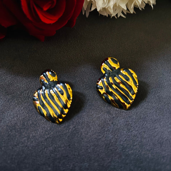 Molten Heart anti-tarnish enamel stud earrings in black with high gold plating on stainless steel from Trenzify Store