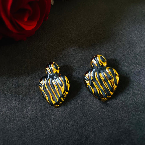 Molten Heart anti-tarnish enamel stud earrings in black with high gold plating on stainless steel from Trenzify Store