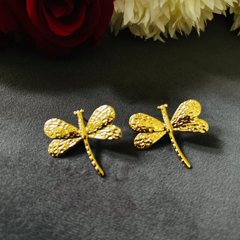 Golden Dragonfly anti-tarnish stud earrings with textured wings and high gold plating on stainless steel from Trenzify Store