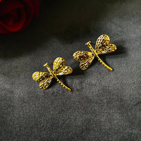 Golden Dragonfly anti-tarnish stud earrings with textured wings and high gold plating on stainless steel from Trenzify Store