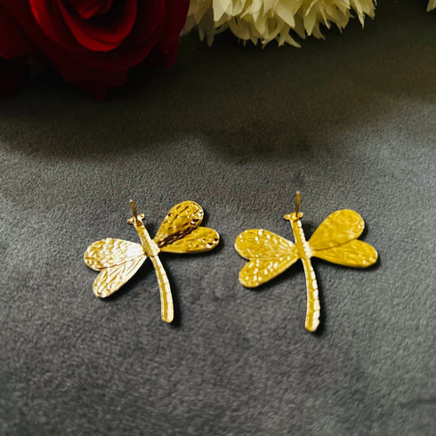 Golden Dragonfly anti-tarnish stud earrings with textured wings and high gold plating on stainless steel from Trenzify Store