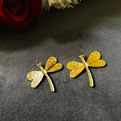 Golden Dragonfly anti-tarnish stud earrings with textured wings and high gold plating on stainless steel from Trenzify Store