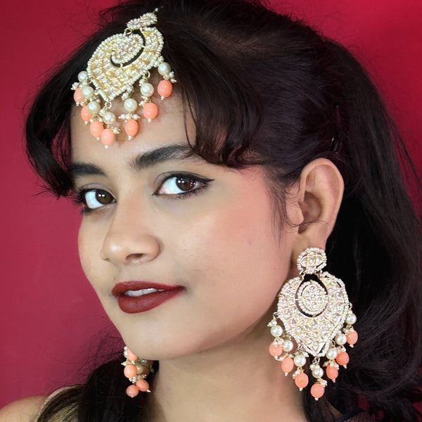 Peach Beaded Kundan Earrings & Maang Tikka Set from Trenzify Store.
