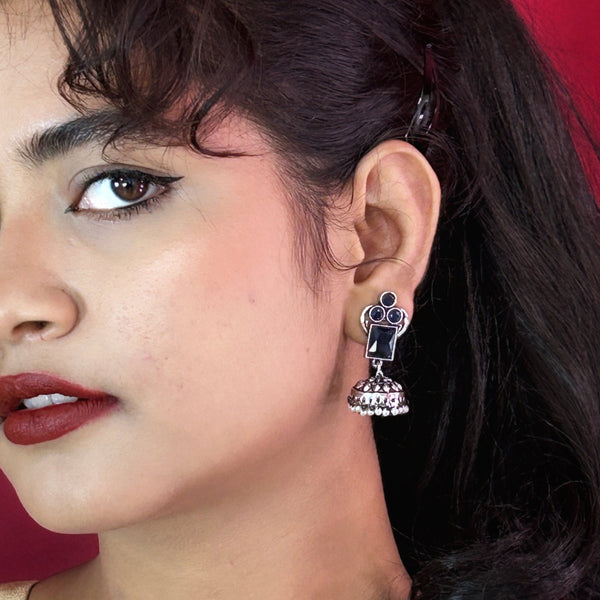 Traditional Silver Jhumka Earrings with Colored Stones & Pearl Drops from Trenzify Store.