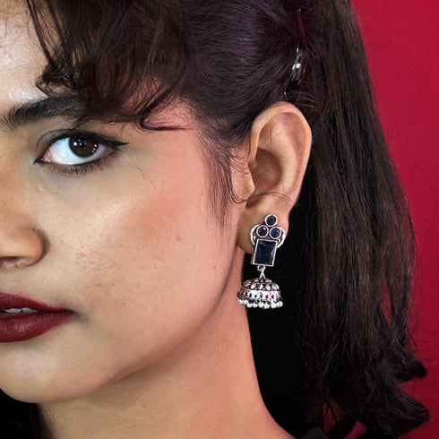 Traditional Silver Jhumka Earrings with Colored Stones & Pearl Drops from Trenzify Store.