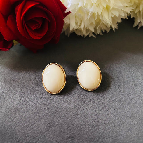 Ivory Oval anti-tarnish stud earrings in white with high gold plating on stainless steel from Trenzify Store