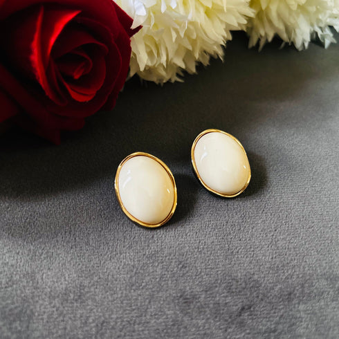 Ivory Oval anti-tarnish stud earrings in white with high gold plating on stainless steel from Trenzify Store