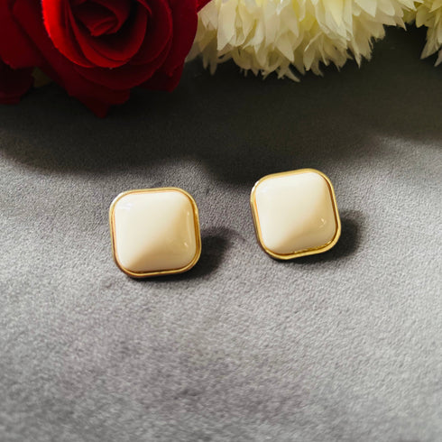 Ivory Square anti-tarnish stud earrings in white with high gold plating and smooth accent from Trenzify Store