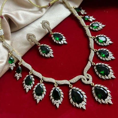 American Diamond (CZ) green teardrop necklace set with matching earrings β imitation jewelry from Trenzify Store.