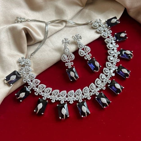 American Diamond (CZ) blue rectangular stone necklace set with matching earrings β imitation jewelry from Trenzify Store.