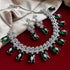 Model wearing American Diamond (CZ) green rectangular stone necklace set with matching earrings – imitation jewelry from Trenzify Store.
