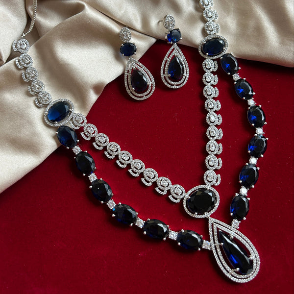 American Diamond (CZ) blue stone necklace set with matching earrings β imitation jewelry from Trenzify Store.