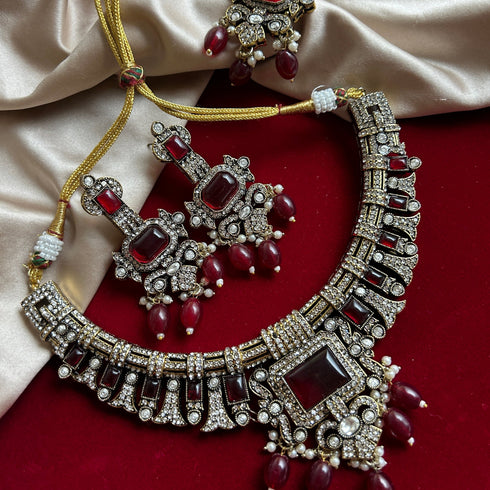 Victorian Ruby Kundan Necklace Set from Trenzify Store.