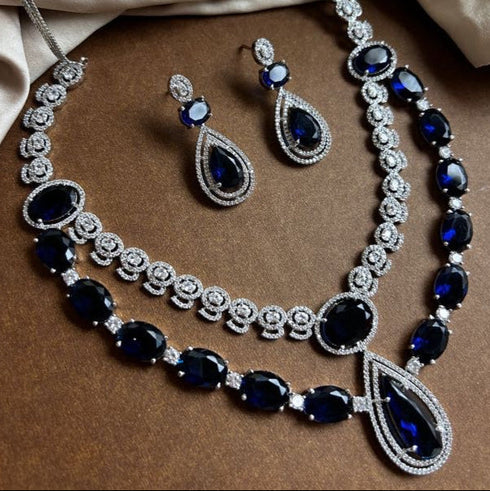 American Diamond (CZ) blue stone necklace set with matching earrings – imitation jewelry from Trenzify Store.