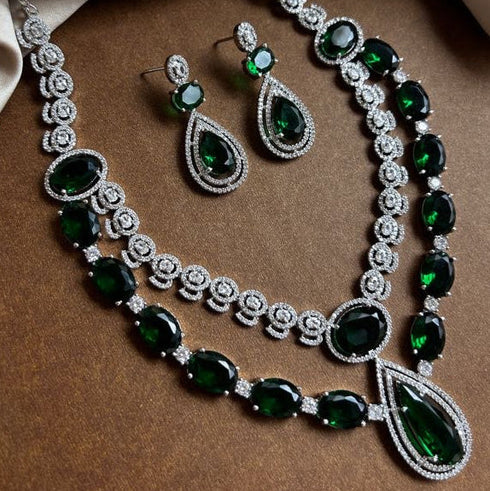 American Diamond (CZ) green stone necklace set with matching earrings – imitation jewelry from Trenzify Store.