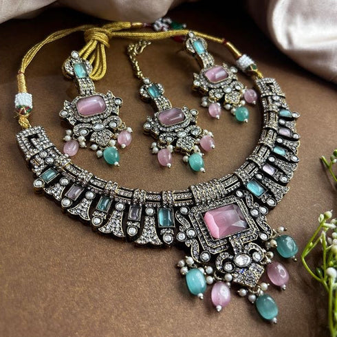 Victorian Mint Pink Kundan Necklace Set from Trenzify Store.