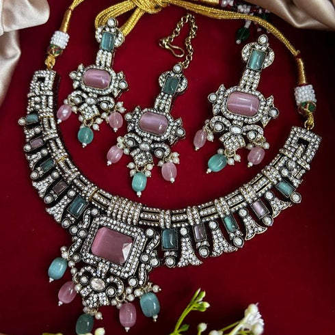 Victorian Mint Pink Kundan Necklace Set from Trenzify Store.