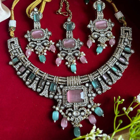 Victorian Mint Pink Kundan Necklace Set from Trenzify Store.