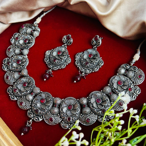 Ruby Oxidised Necklace Set from Trenzify Store.