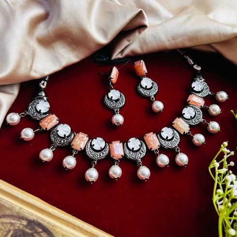 Peach Dual-Tone Beaded Oxidised Necklace Set from Trenzify Store.