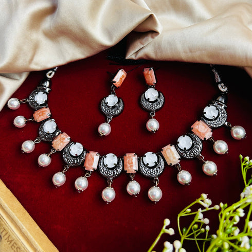 Peach Dual-Tone Beaded Oxidised Necklace Set from Trenzify Store.