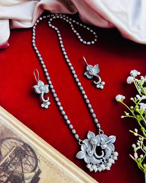 Ganesha Oxidized Silver Necklace Set from Trenzify Store.