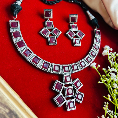 Oxidised Maroon Stone Necklace Set from Trenzify Store.