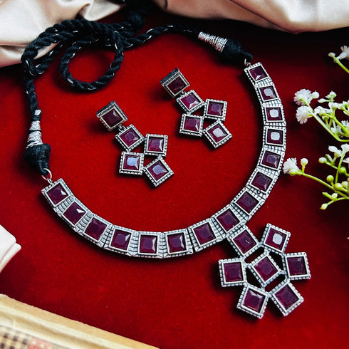 Oxidised Maroon Stone Necklace Set from Trenzify Store.