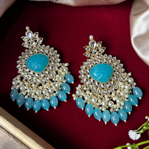 Lotus-Engraved Kundan Pearl Drop Earrings from Trenzify Store.