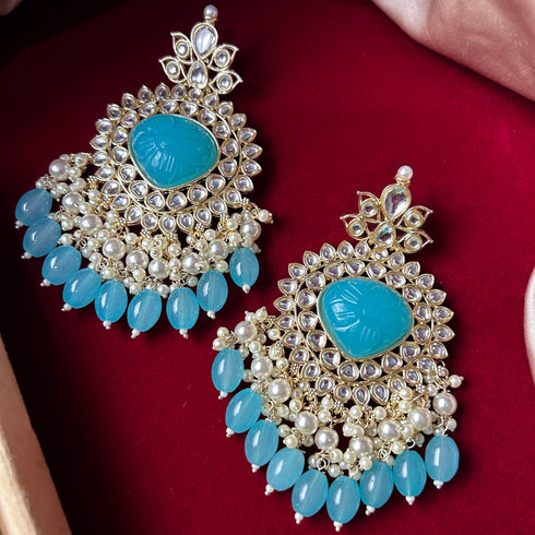 Lotus-Engraved Kundan Pearl Drop Earrings from Trenzify Store.